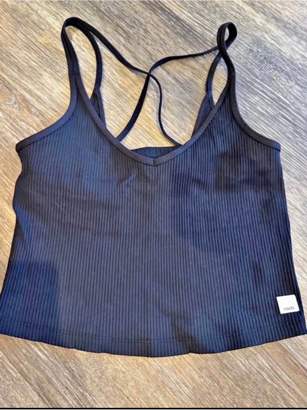 Vuori Black Ribbed Strappy Cropped Tank